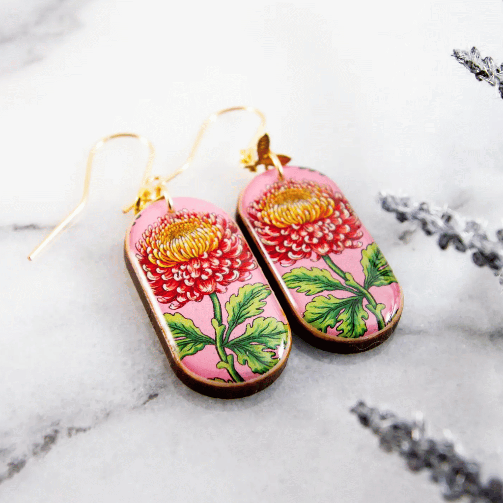 Pink Chrysanthemum Flower Oblong Earrings